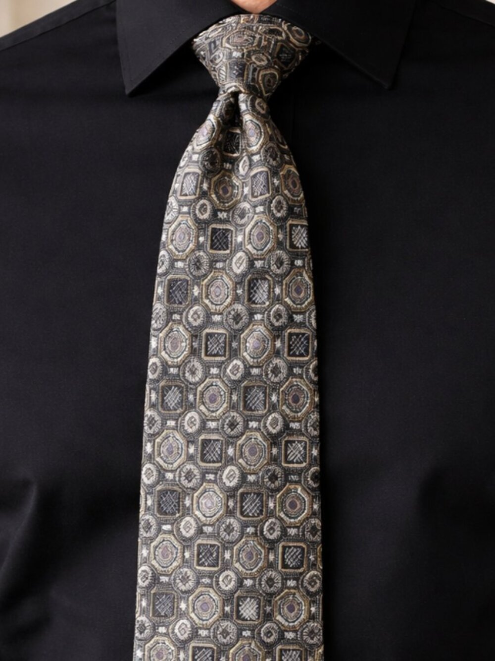 Costantina Men's Necktie 100% Silk Made in Italy Black Gold Silver 3.5"W X 59" L